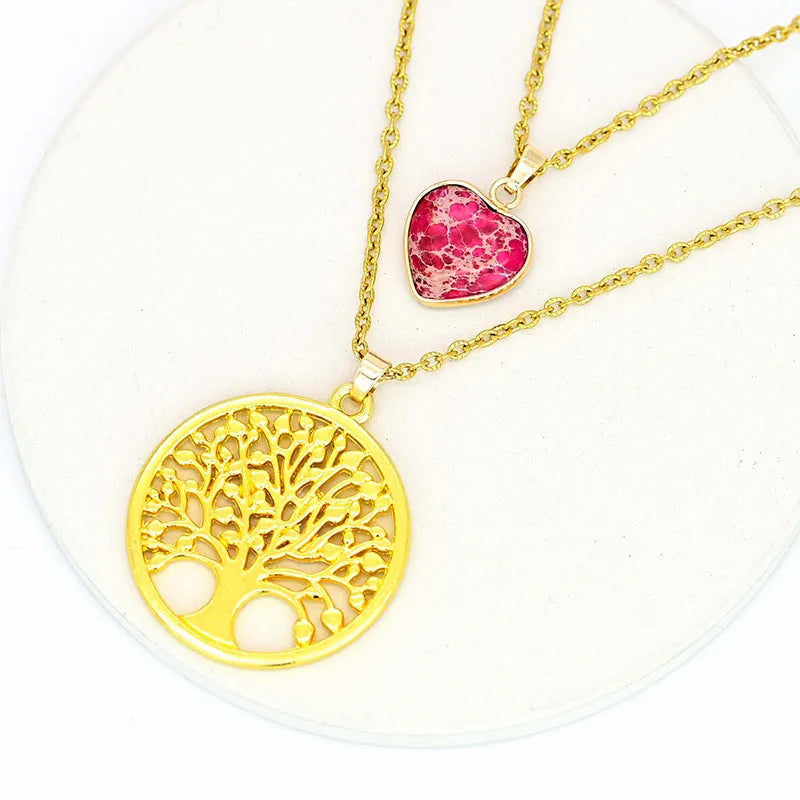2-layer red heart emperor stone life tree pendant necklace for women