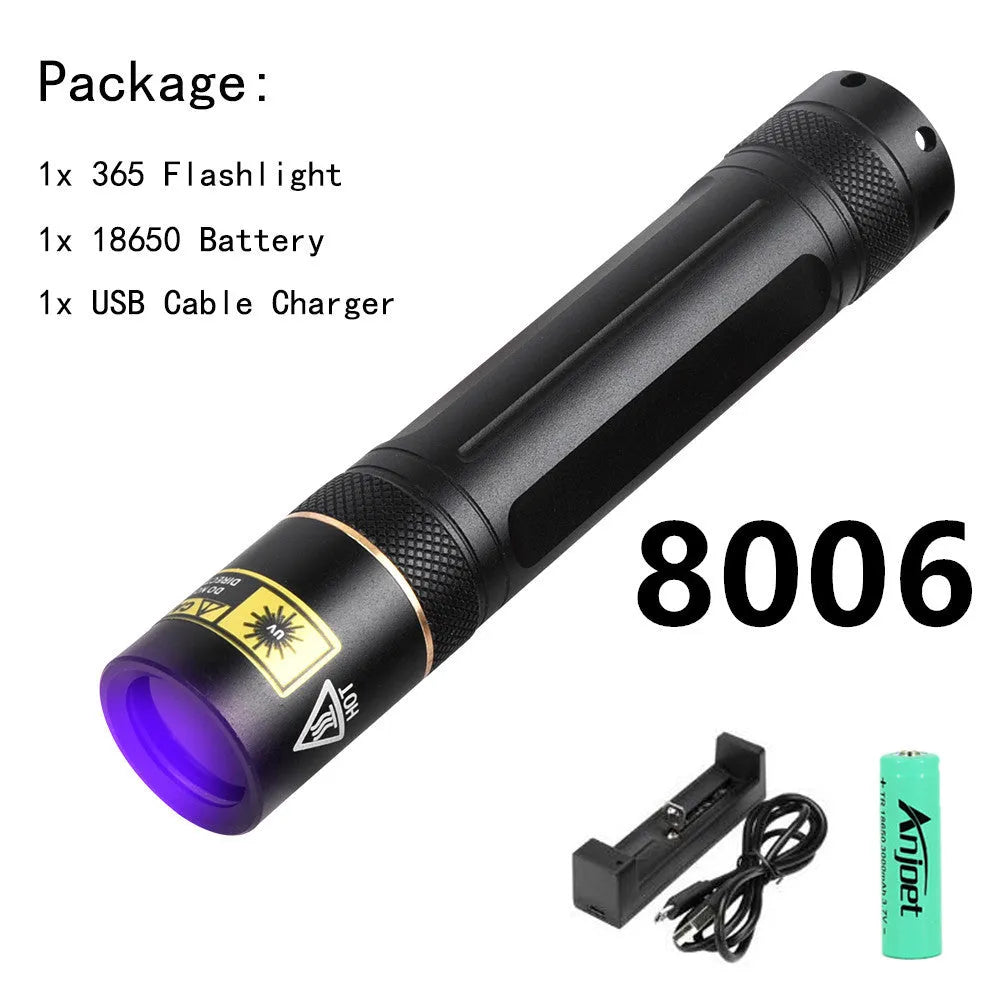 365nm UV fluorescence detection flashlight with aluminium alloy housing and 18650 battery options