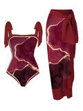 Women's floral print two-piece swimsuit with matching chiffon skirt