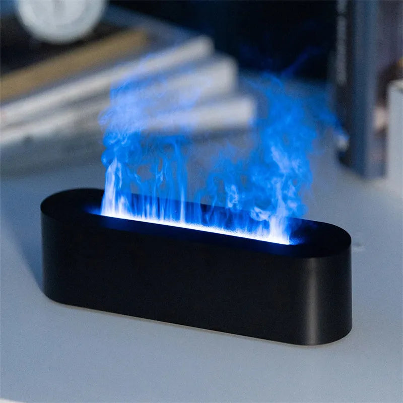 White square plastic flame aroma diffuser humidifier with LED lights and water vapour mist.
