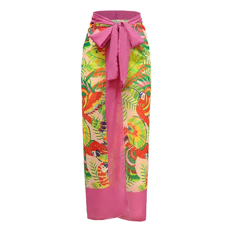 Pink floral print retro one-piece swimsuit with V-neck, covered belly, and thin skirt swim dress design
