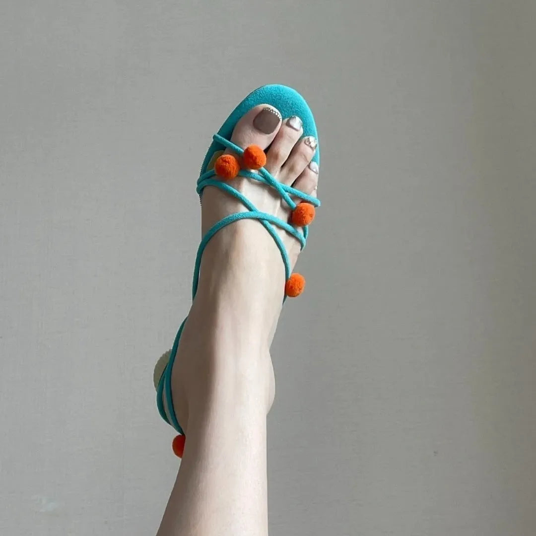 Cyan-coloured women's lace-up heeled sandals with thin straps and open toe design