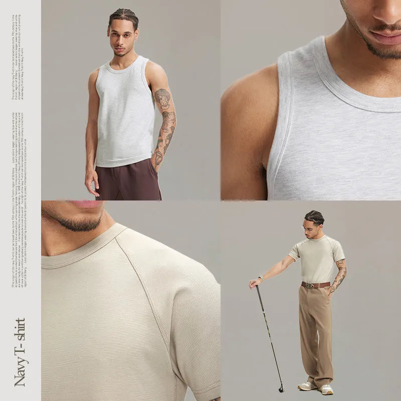 Slim fit men's cotton blend T-shirt and vest in black, beige, and grey colours on a hanger.