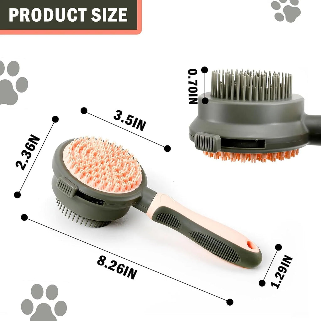 Double-sided cat grooming brush with slicker brush on one side and flea comb on other, showing release button mechanism