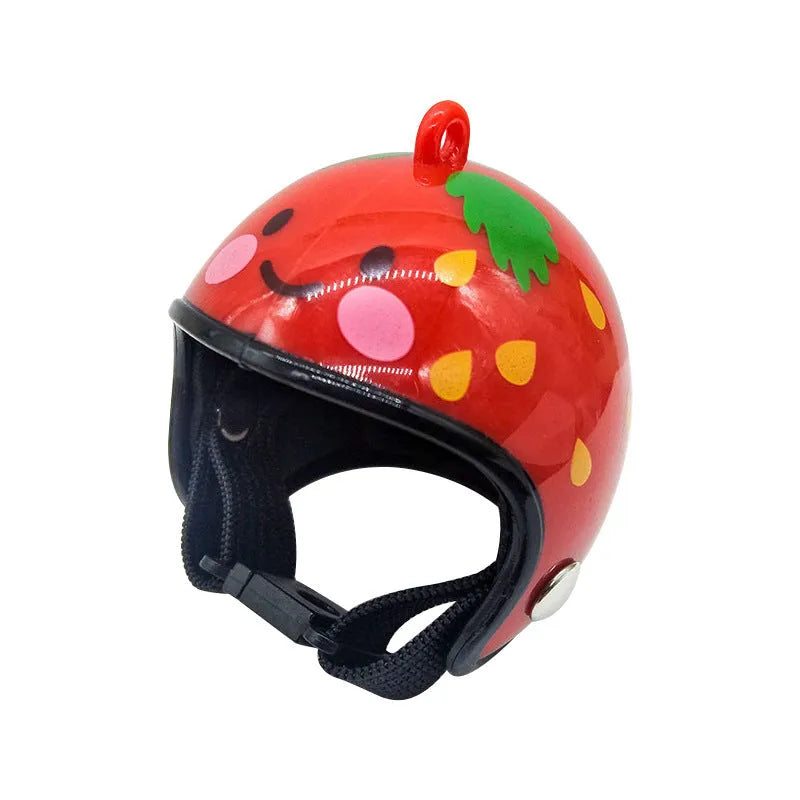 Small plastic chicken pet helmet in one of twelve designs including rainbow, plaid, or smiling face.