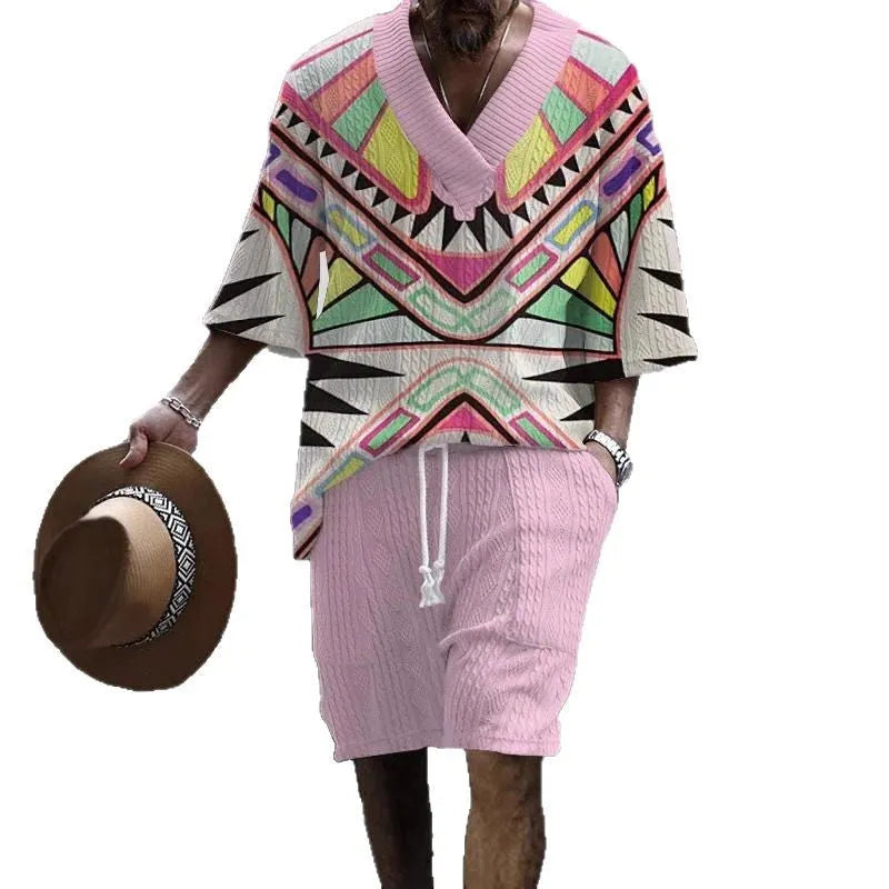 Man wearing a loose-fitting light blue short sleeve suit top and matching casual shorts.