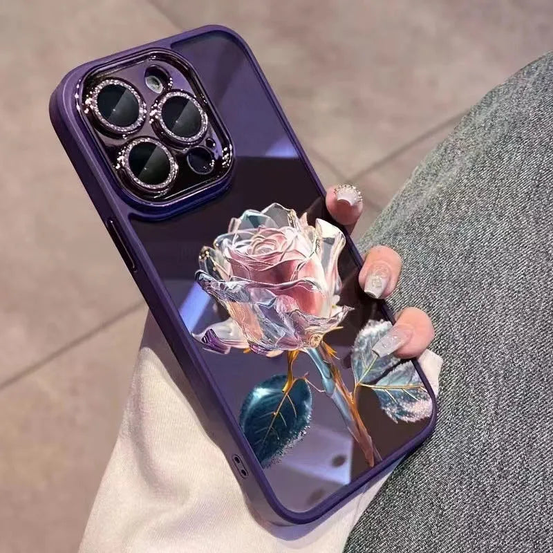 Dark Purple Fairy rose design TPU iPhone case with sparkling pink lens film for iPhone 11-14 models