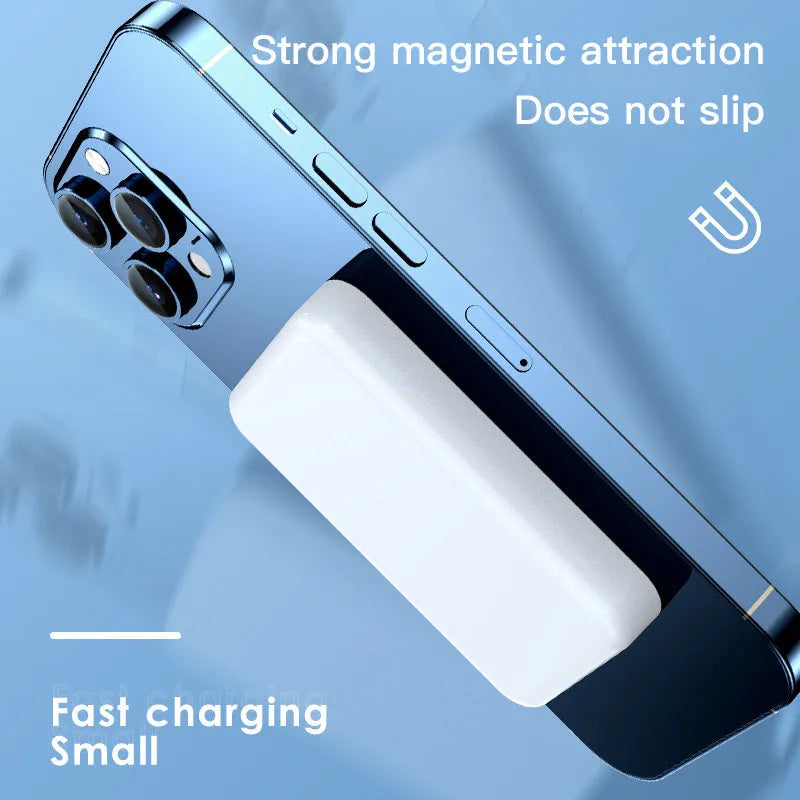 Pink, purple and white magnetic wireless power bank showing 20000mAh capacity and compact size.
