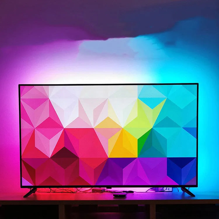 Smart TV atmosphere graffiti effect light with 60 LED beads per metre, sync box, and pure copper HDIM cable behind TV