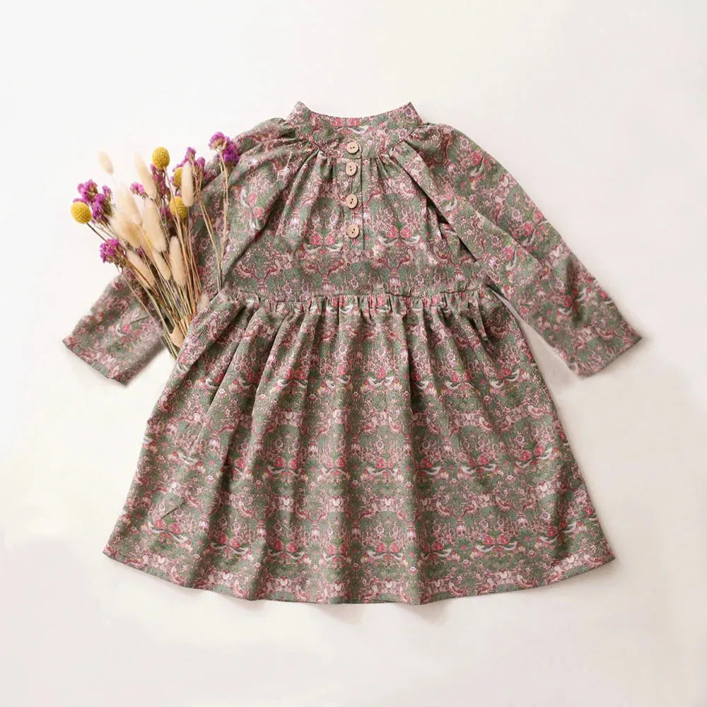 Spring Autumn Korean Style Children's Cotton Linen Printed Dress Long Sleeve Girls Pastoral Dress Suitable Height 80cm 90cm 100cm 110cm 120cm