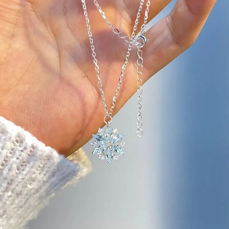 Sky blue snowflake pendant necklace for women with rhinestones, alloy chain, electroplated finish, 21-50cm circumference