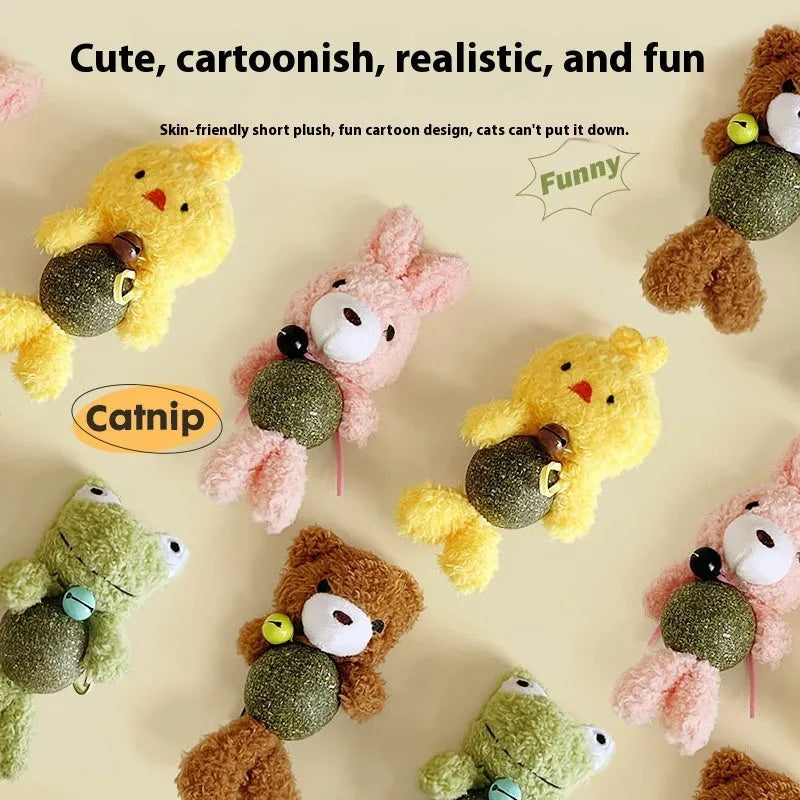 Plush catnip ball toy in animal designs with a molar stick texture for kittens.