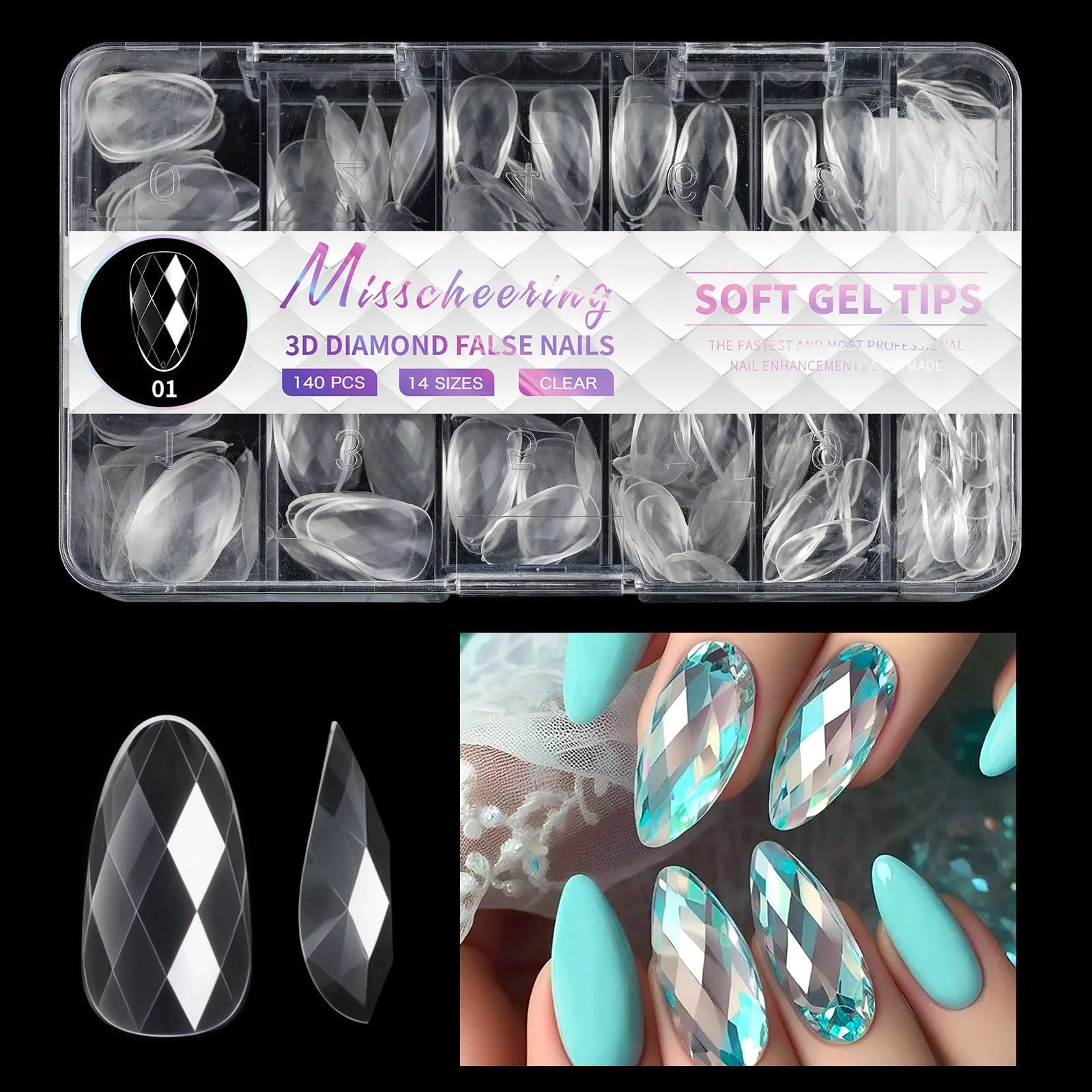 3D diamond texture long false nails in assorted colours, 120-140 pieces per pack