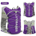 Nylon running backpack with reflective strips in black colour, showing front compartment and adjustable straps