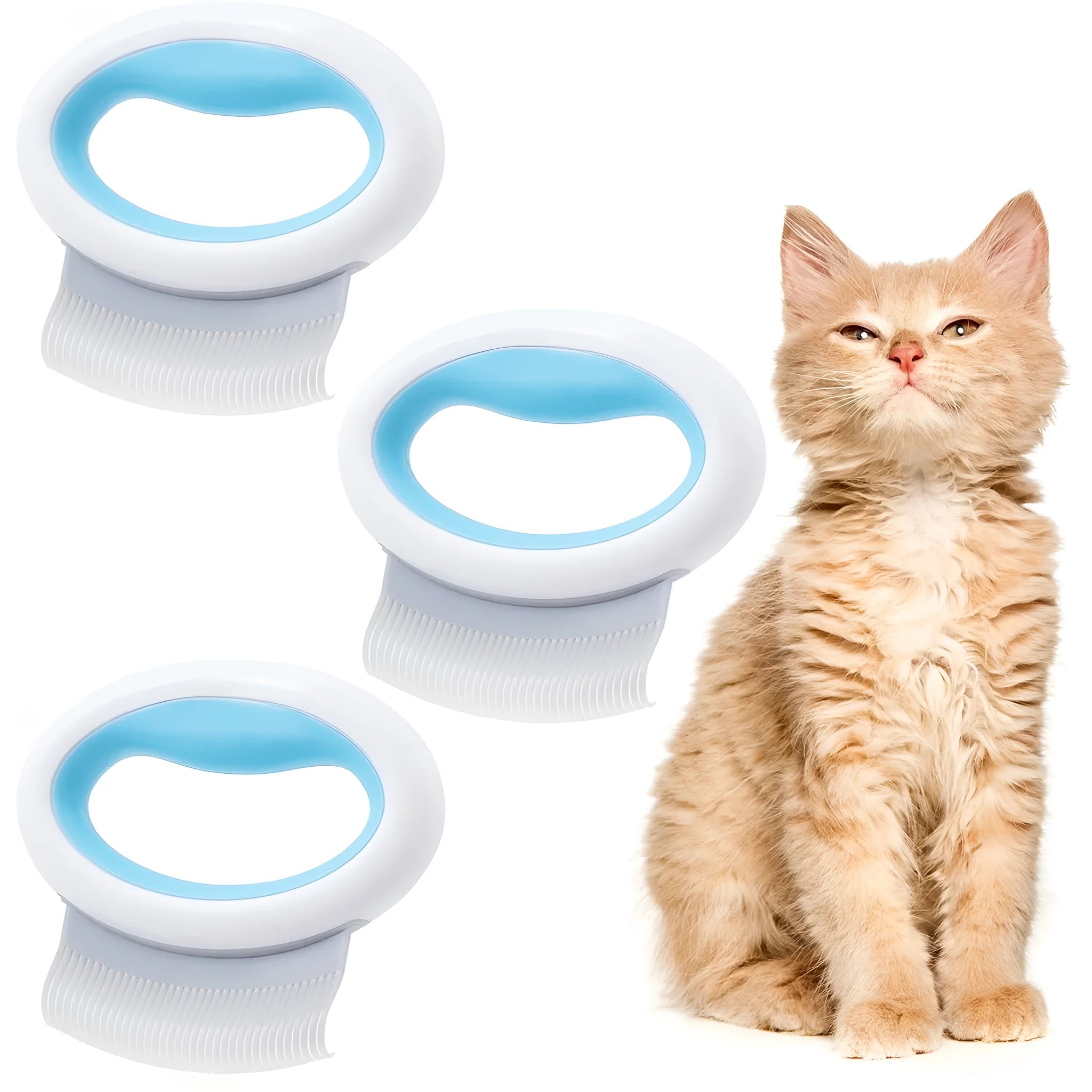 Blue plastic pet grooming comb for removing loose hair from cats and dogs on a white background.