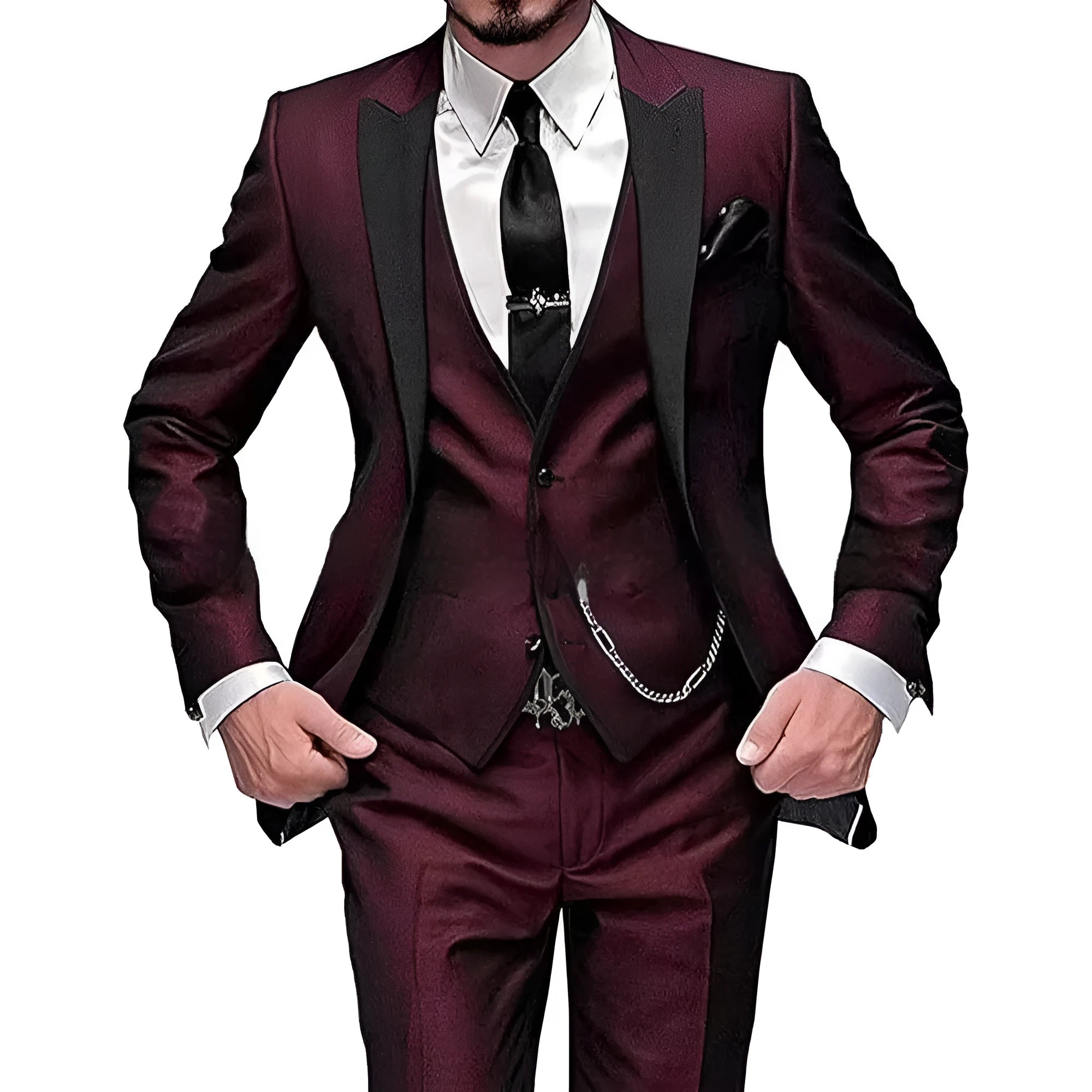 Nylon black collar color blocked three piece set for women in slim fit, with vest, trousers, and jacket in wine red