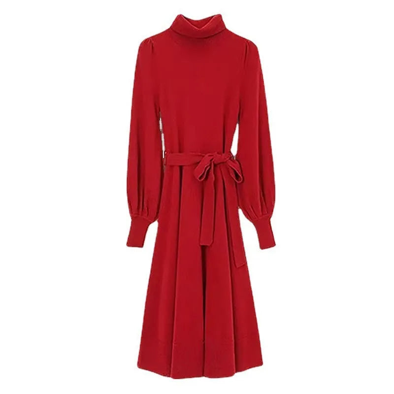Rose red turtleneck knitted polyester dress with long sleeves, elastic waist, and a loose mid-length skirt hem.