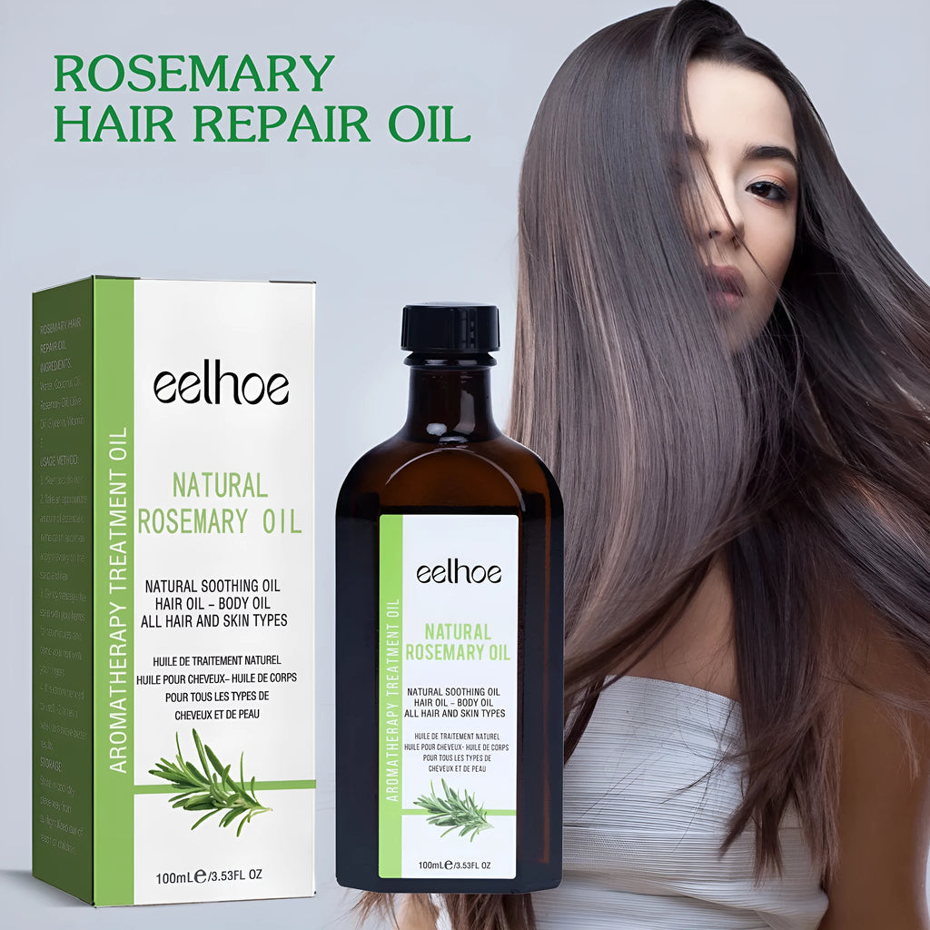Rosemary hair care essential oil in a 100ml bottle, measures 3.5 x 5.8 cm, for anti-frizz and hair softness