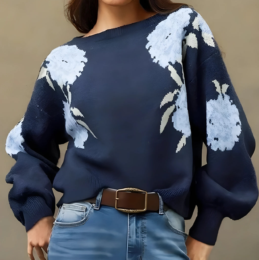 Sapphire blue women's loose pullover with off-neck and flower jacquard design