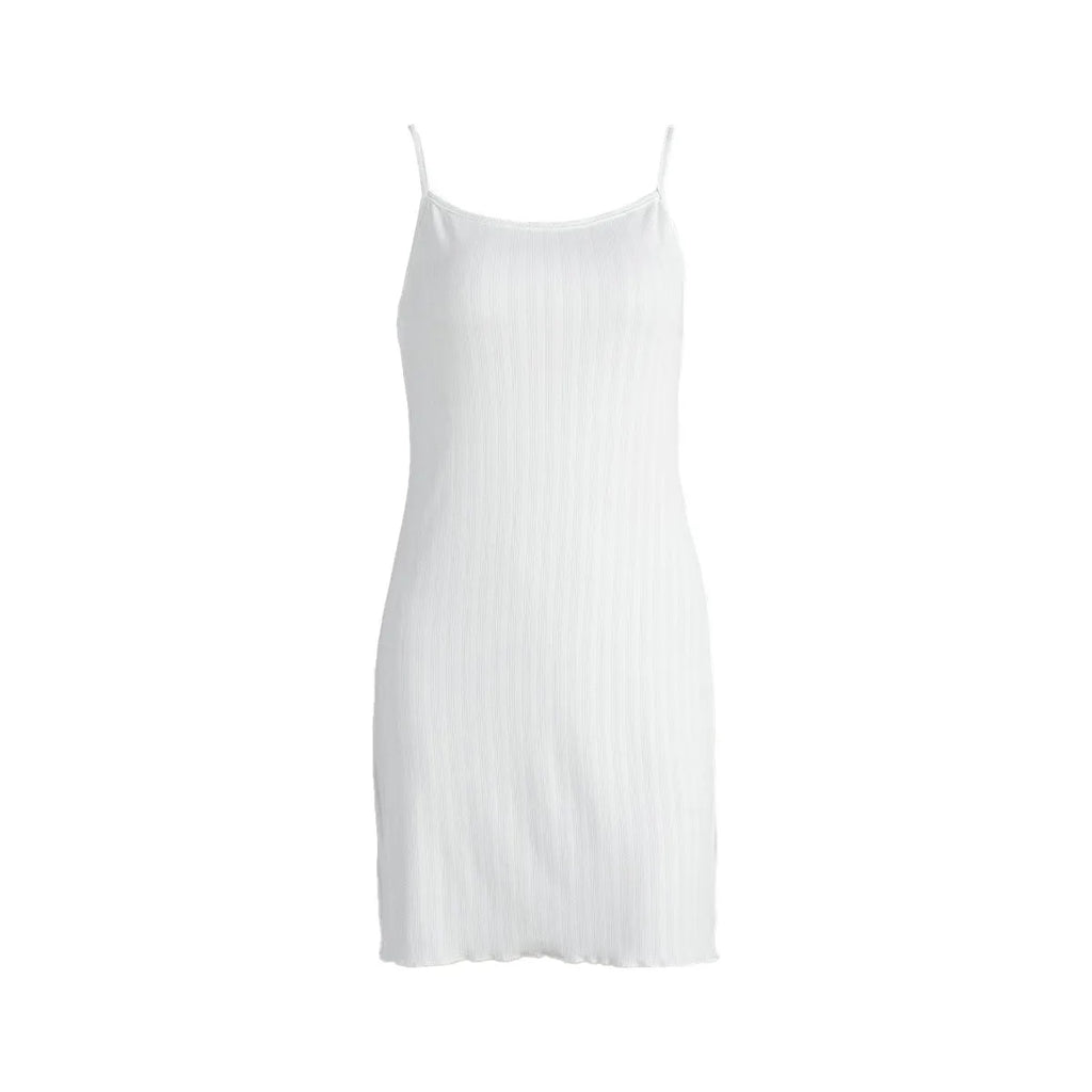 White summer knitted hollow nightdress with sleeveless short skirt design on a model