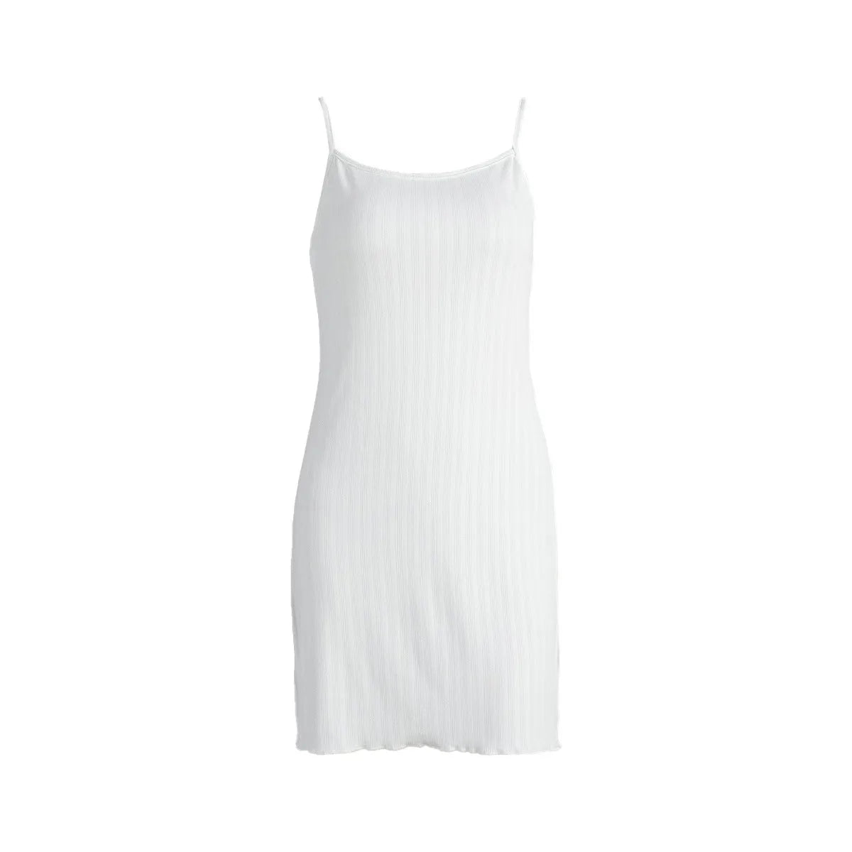 White summer knitted hollow nightdress with sleeveless short skirt design on a model