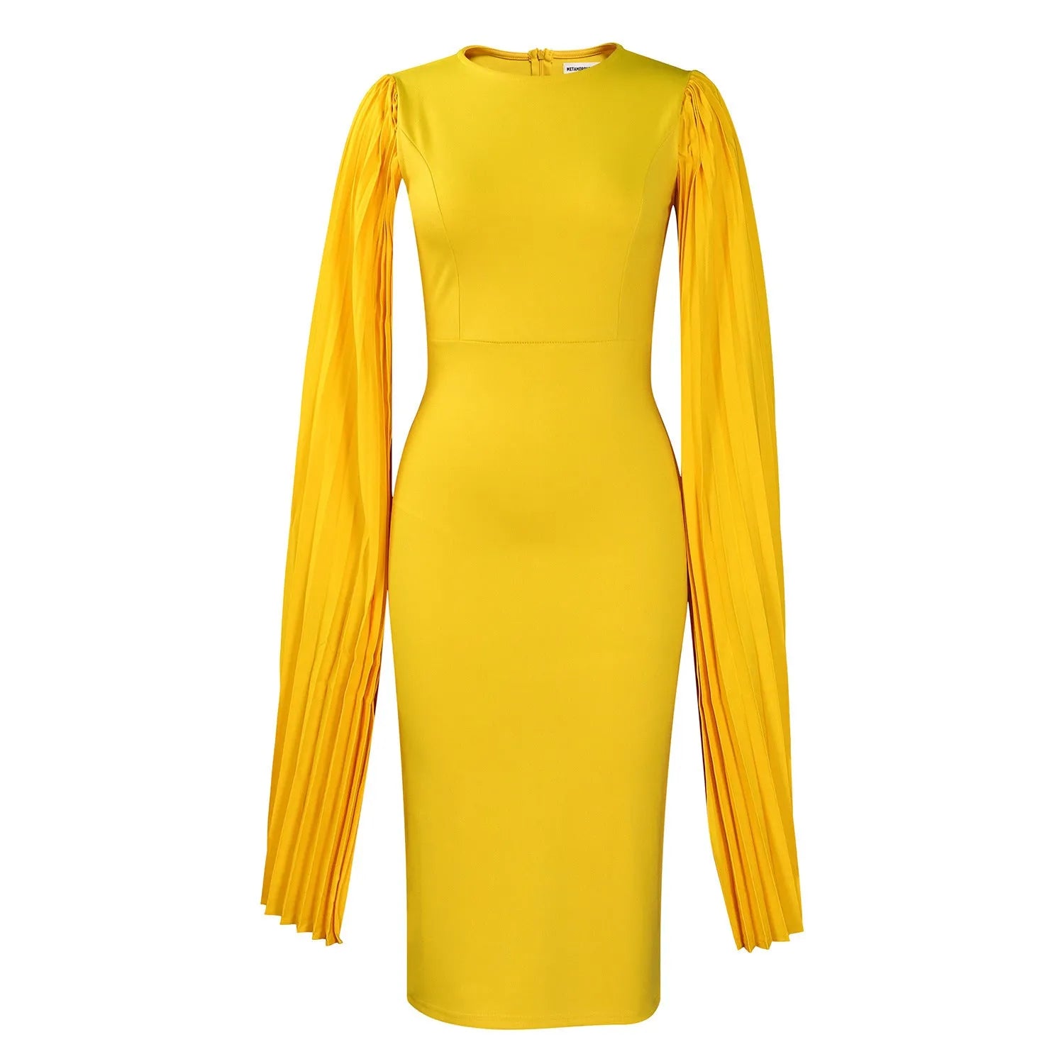 Yellow formal evening gown with round neck, long sleeves, high waist, and pleated skirt on a mannequin.