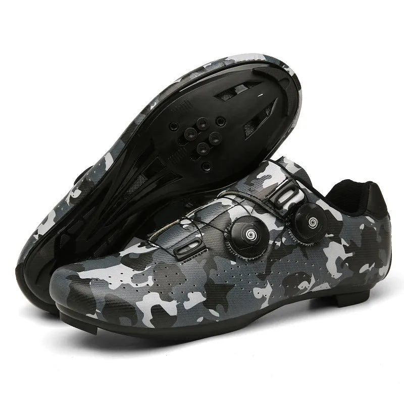 Unisex road bike cycling shoes with lock, breathable lightweight, shown in black, white, red, and camouflage colours.