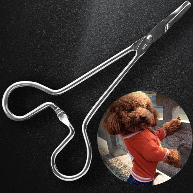 Silver stainless steel pet grooming tweezers for ear hair removal and cleaning, showing curved and straight tip designs.