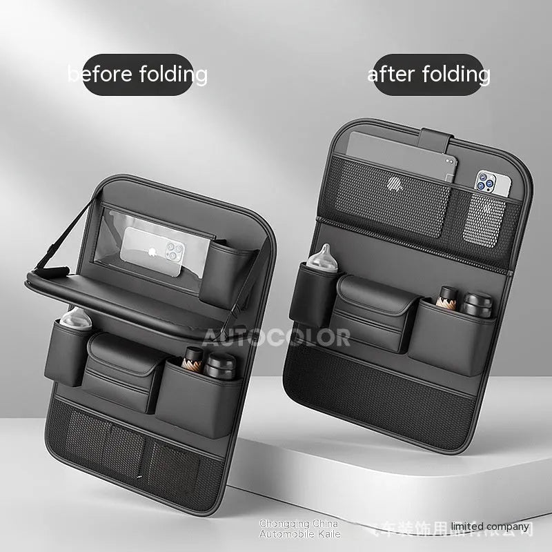 Genuine leather car seat organiser bag with a fold-out table in black, brown, grey, or green.