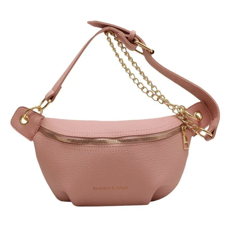 Waist bag with single shoulder design, PU material, medium soft texture, zippered compartment, splicing detail, available in black pink white colours.