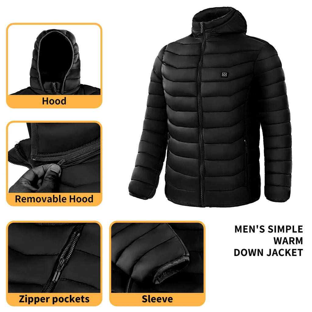 Men heated puffer jacket with 9 heat zones, hood, and long sleeves on a winter ski slope