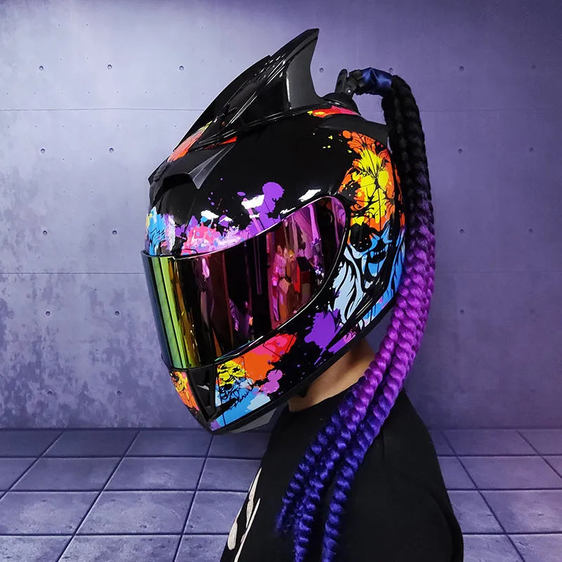 Dirty Braids full-face motorcycle helmet with graphic design options on an ABS shell.