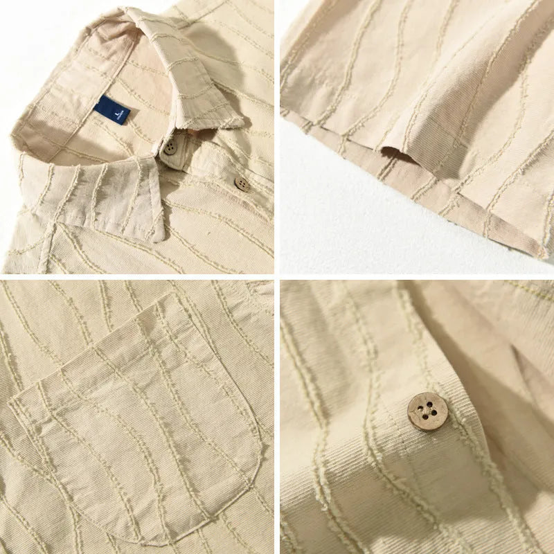 Men's apricot pure cotton loose fit short sleeve casual shirt on a hanger.