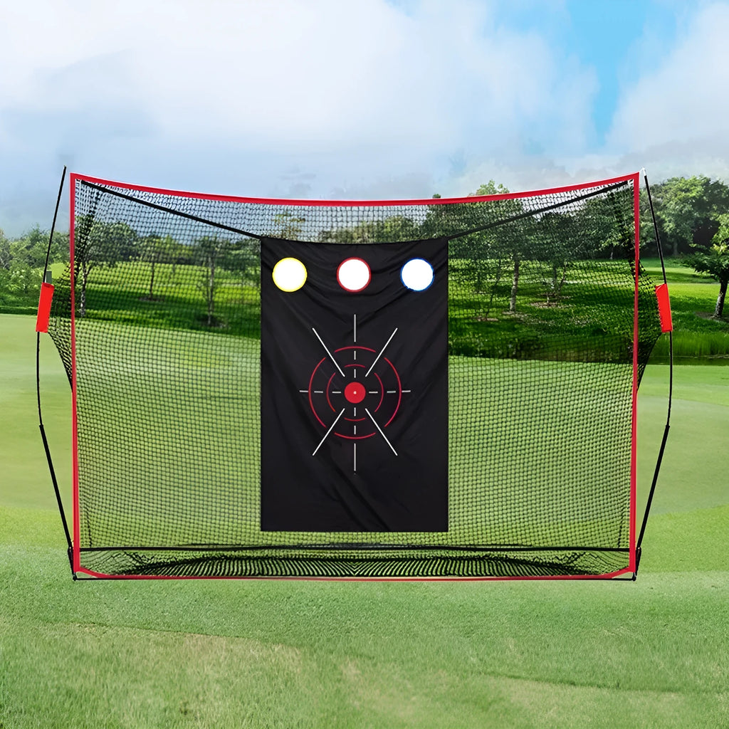 Golf swing wedge training net with 3-hole cross target, straw hitting mat, practice balls and tees