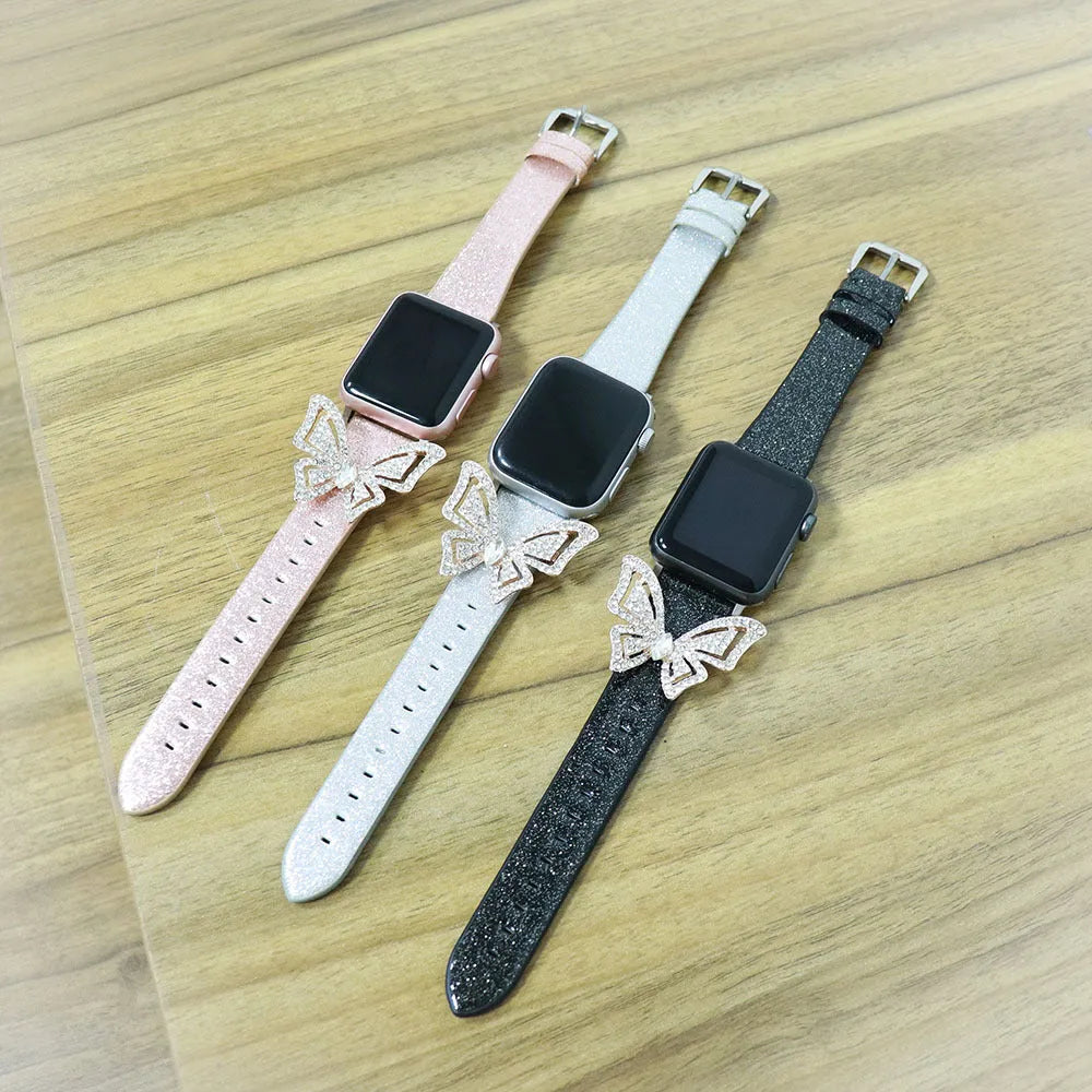 Apple Watch strap with glitter diamond butterfly design, leather band, Black Rose Gold Silver, 38to40mm 42to44mm