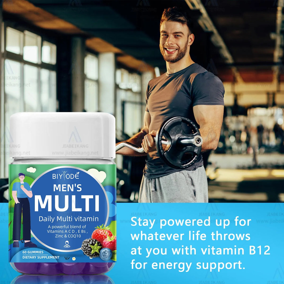 Men's multivitamin gummies bottle with 60 gummies, 2 per day dose, original or customized flavour