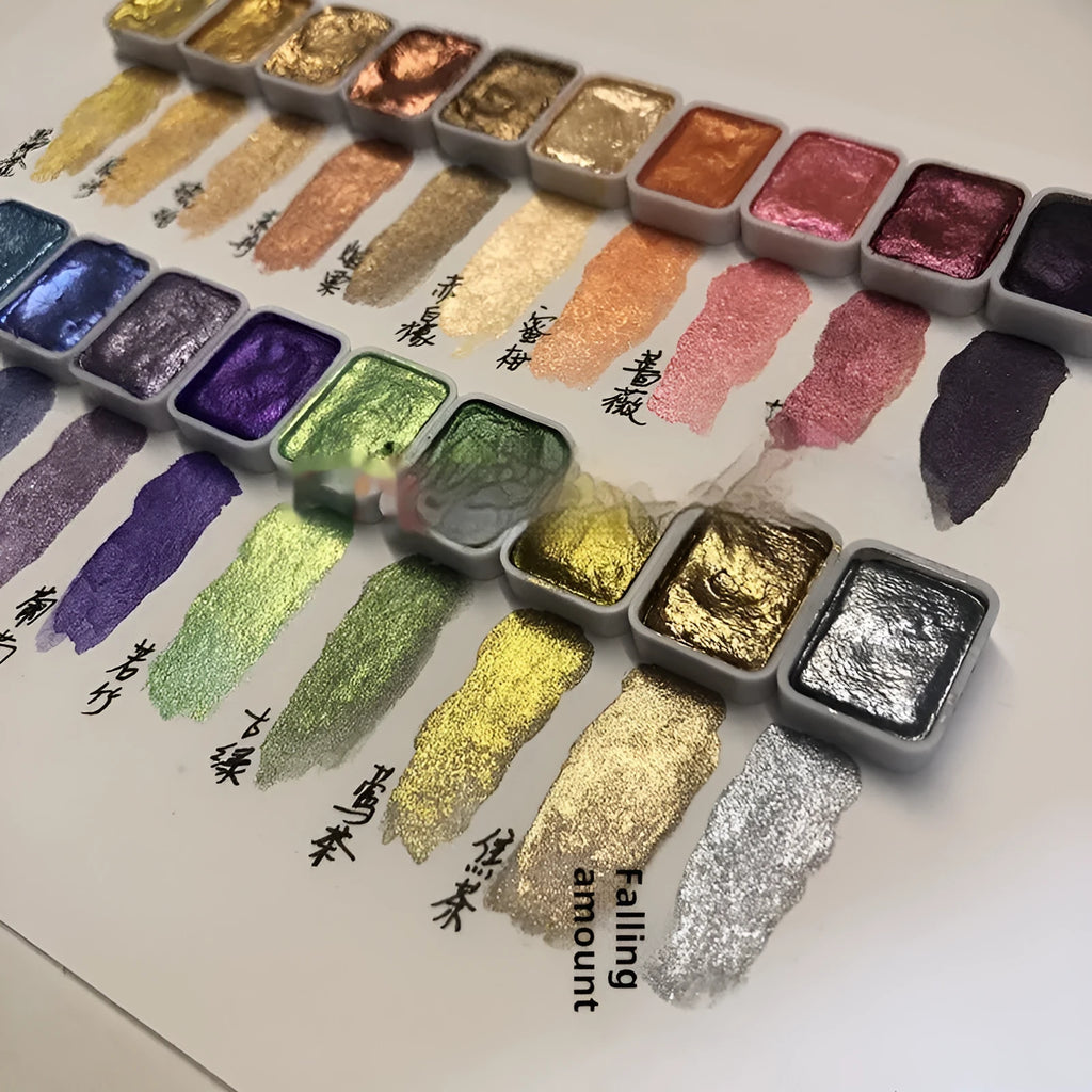 Traditional Chinese mineral watercolour set showing tubes of red, white, gold and a palette of 20 warm and cold colours.