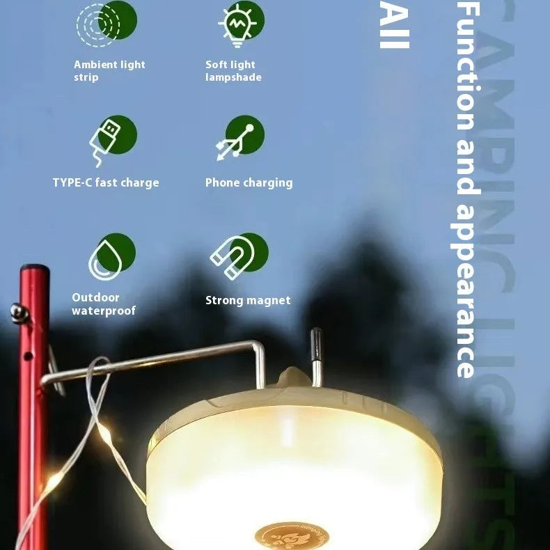 Charging multifunctional camping lantern with warm or colourful light, available in 8m, 10m, and 20m lengths.