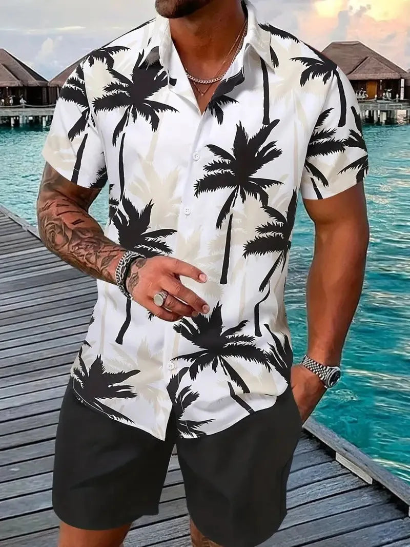 Man wearing a 3D printed Hawaiian-style short sleeve top and matching shorts, a casual polyester leisure suit.