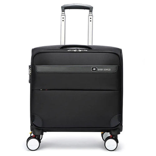 Black 18-inch oxford cloth business luggage suitcase with a retractable handle and wheels.