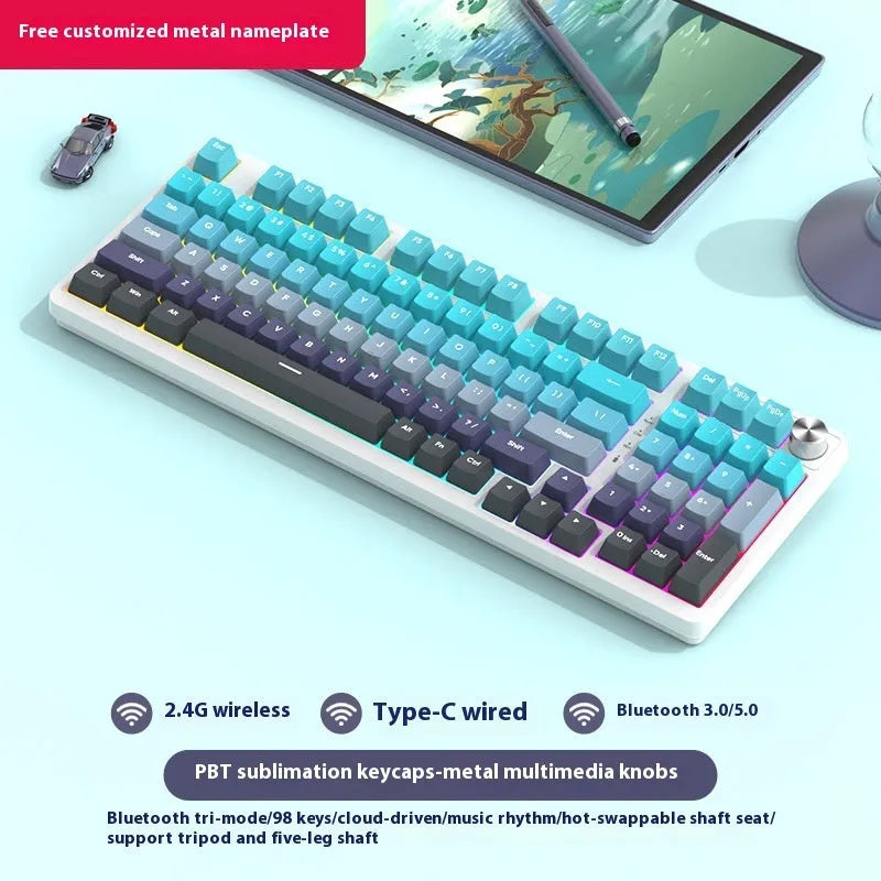 98-key wireless mechanical keyboard with metal knob on desk, showing white background lilac colour theme.
