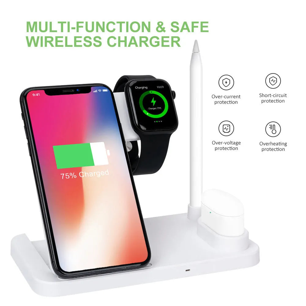 Folding 4-in-1 wireless charger in space grey, showing iPhone on vertical stand and Apple Pencil on magnetic charger.