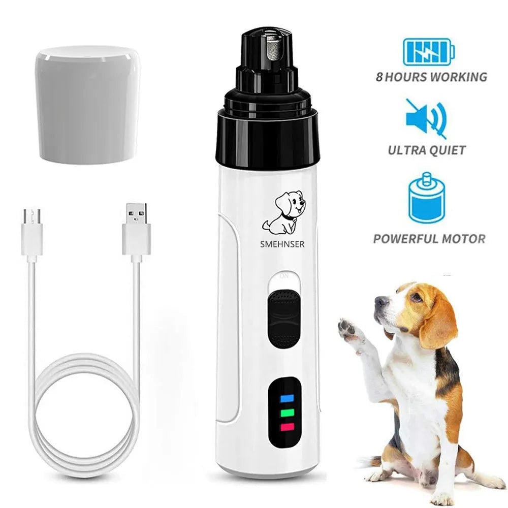 Rechargeable electric dog nail grinder with dust collector and LED display showing three speed settings.