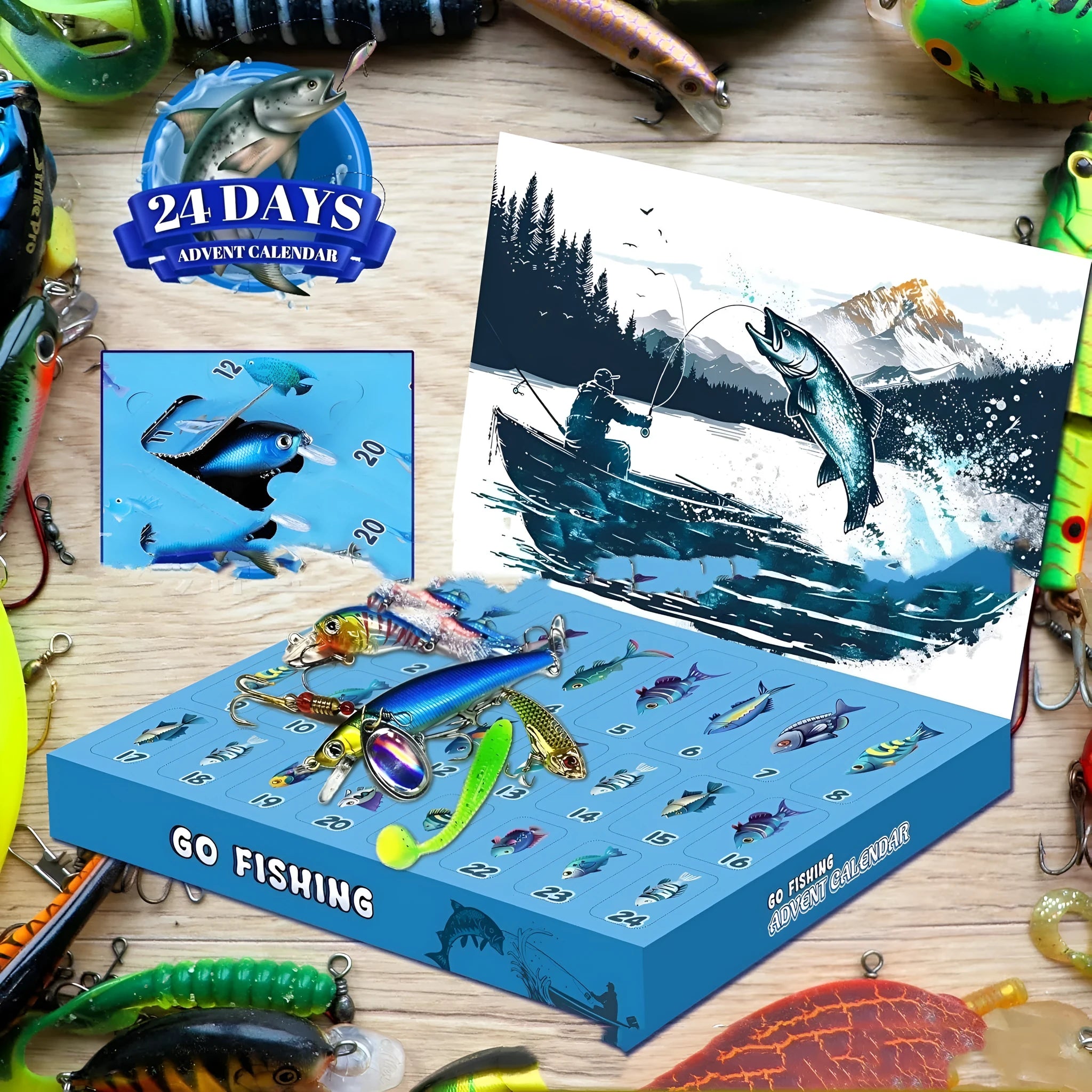 Christmas advent calendar fishing gear set in 14x9x1.5 inch decorative holiday gift box