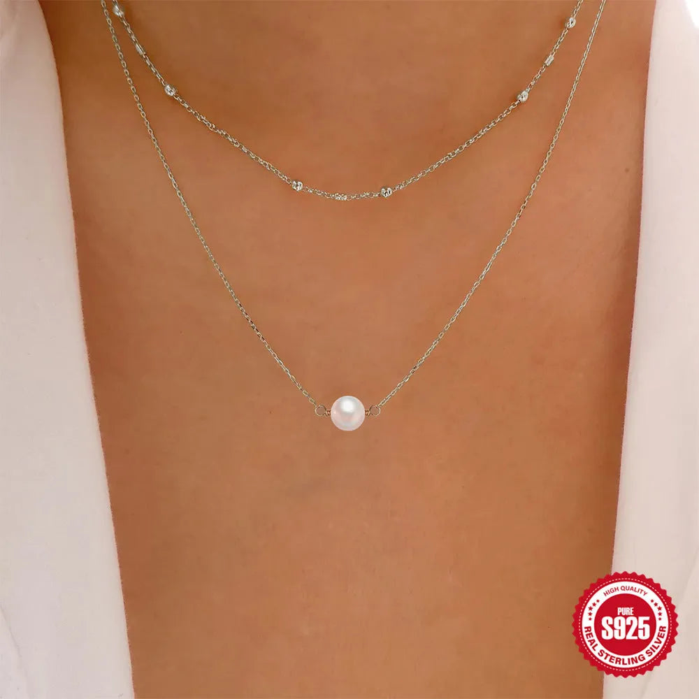 S925 sterling silver double layer necklace with twin pearls in gold or white gold tone