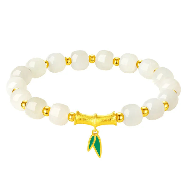 6mm Hetian jade bracelet with bamboo leaf design and 925 silver components