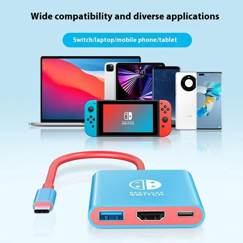 Three-in-one Type-C docking station converter with 15cm cable in black and red colour