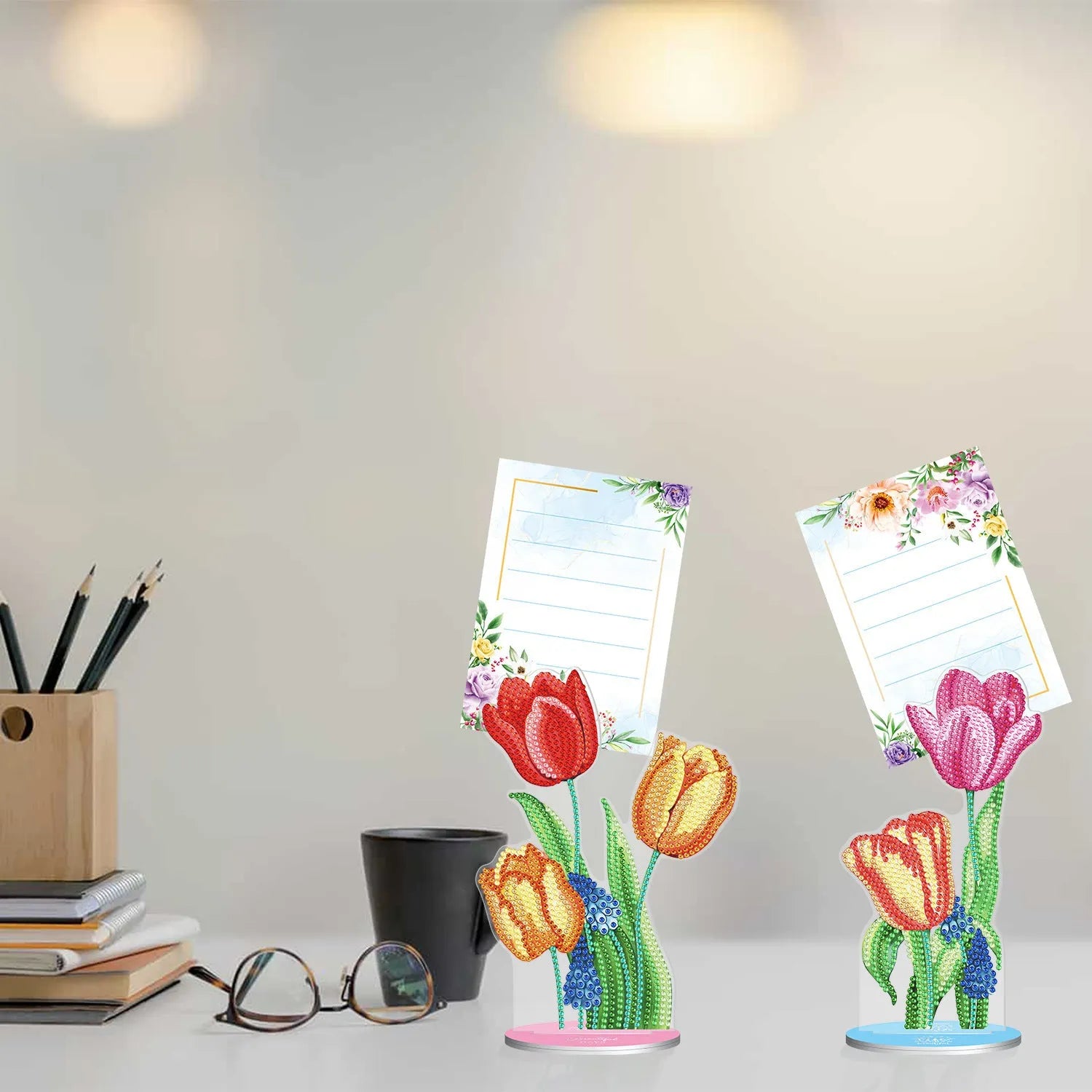 American-style frameless decorative note clip with diamond painting on a desktop.
