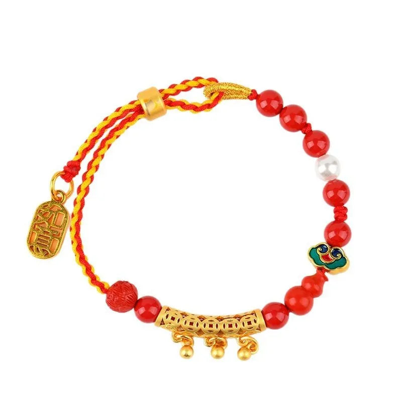 Red cinnabar bead bracelet with hand-woven construction and round geometric elements