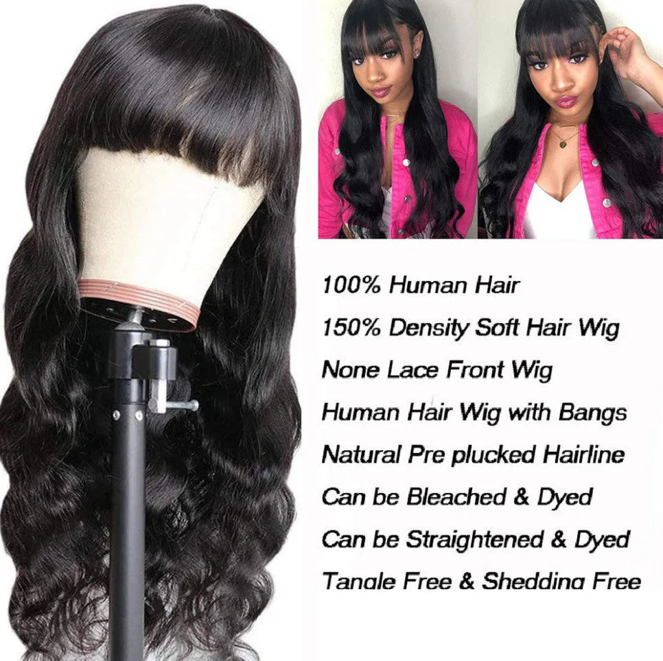 Body wave full machine made non-lace human hair wig for women, available in 12 to 30 inch lengths